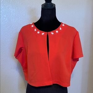 Perceptions Coral-Red Cropped Open-Front Top with Pearl Trim